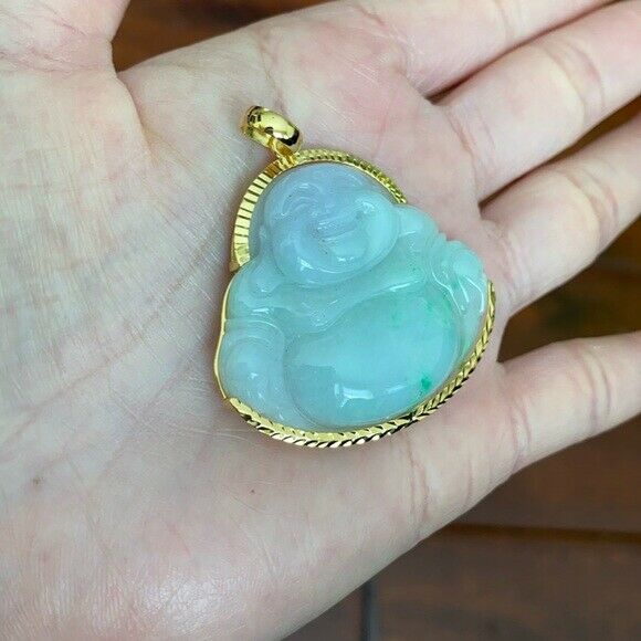 14K Real Gold Natural Jadeite Jade Happy Laughing Buddha Pendant Male Charm