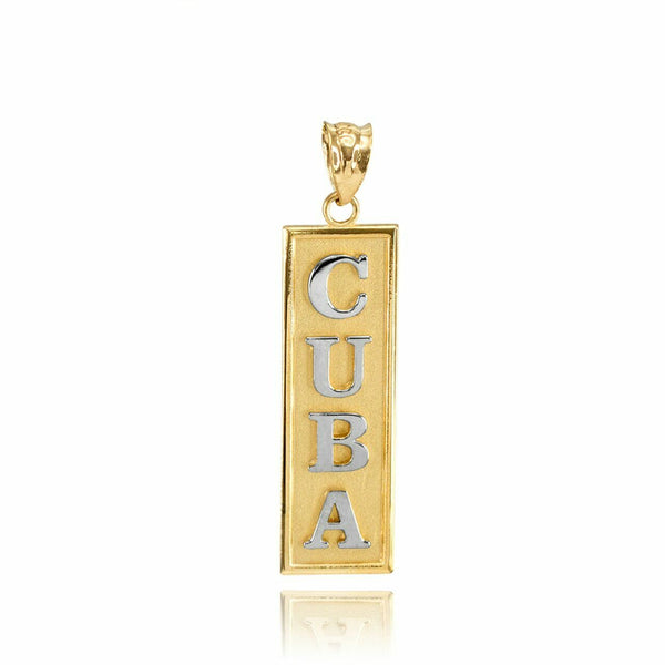 10k Solid Two Tone Gold CUBA Pendant Charm Necklace