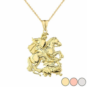 14K Solid Yellow Gold St. Saint George Pendant Necklace