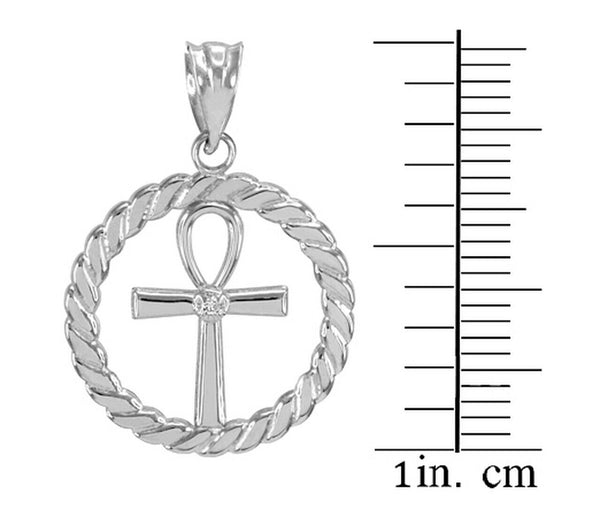 Sterling Silver Roped Circle Egyptian Ankh Cross with CZ Pendant Necklace
