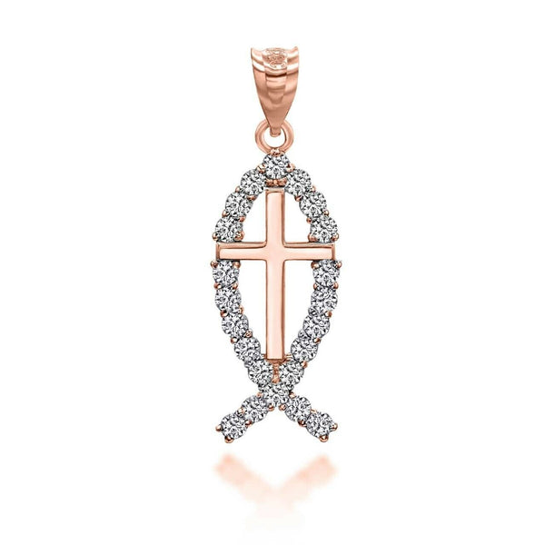 10K Solid Gold Christian Cross Jesus Christ Ichthus Fish Pendant Necklace