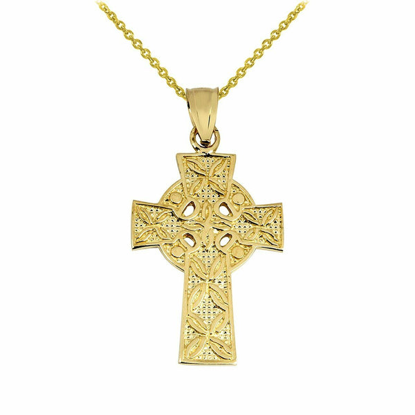 14k Solid Gold Claddagh Celtic Polished Irish Christian Cross Pendant Necklace