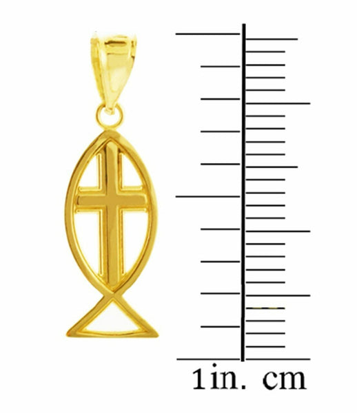 10k Solid Gold Jesus God Cross Charm Ichthus Christian Fish Pendant Necklace