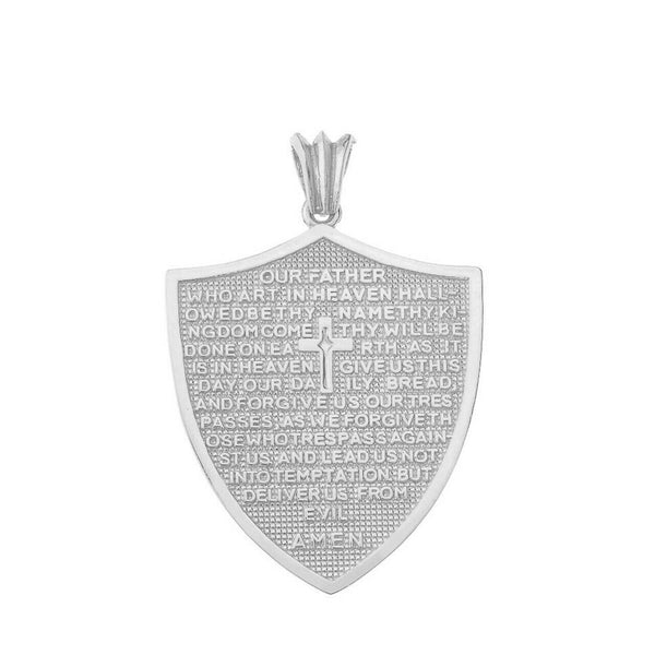10k Solid White Gold The Lord’s Prayer Shield Medallion Pendant Necklace