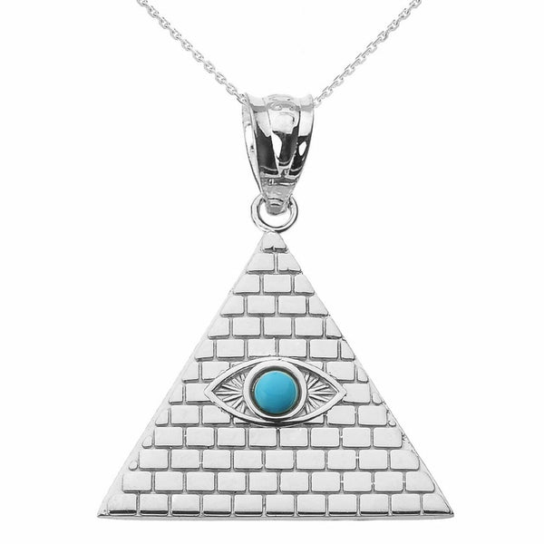 14k White Gold Egyptian Pyramid with Turquoise Evil Eye Pendant Necklace