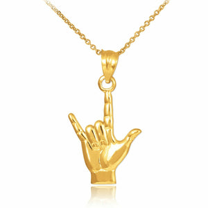 10k Yellow Gold "Hang Loose" I Love You Hand Sign Pendant West Side Necklace