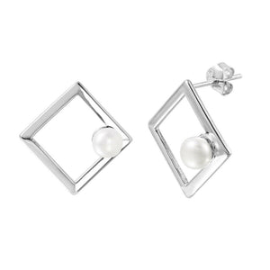 NWT Sterling Silver 925 Open Square Fresh Water Pearl Stud Earring