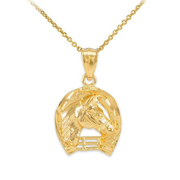 14k Solid Yellow Gold Horseshoe with Horse Head Pendant Necklace