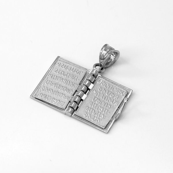 Sterling Silver 3D Armenian Holy Bible Book with Lords Prayer Pendant Necklace