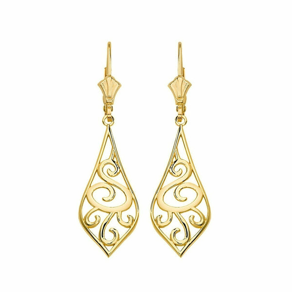 10k Real Yellow Gold Teardrop Filigree Tribal Drop Earring Set 1.42"