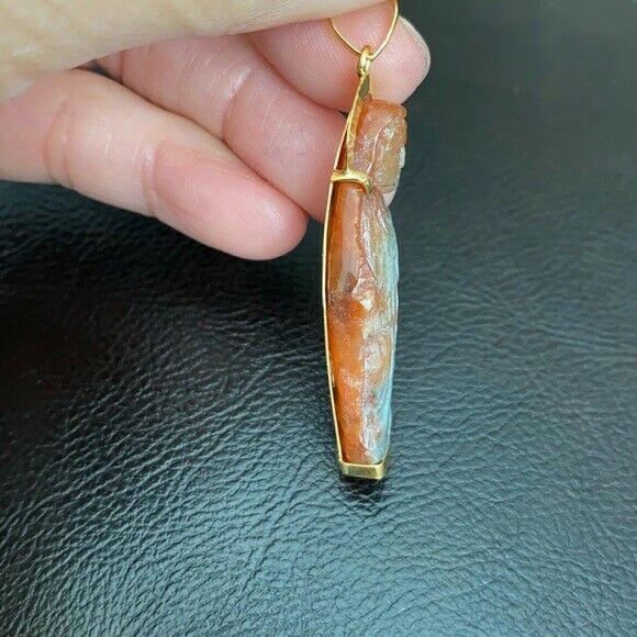 14K Solid Gold The Blessed Virgin Mary Carved Natural Red Jade Pendant