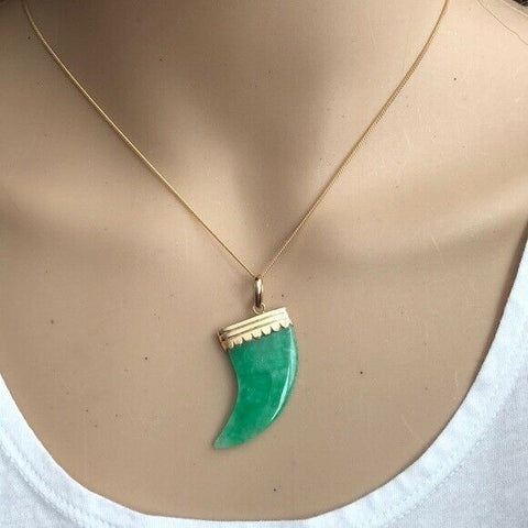 14K Solid Gold Green Jade Tiger Tooth Shape Pendant /Charm Flat Cuban Necklace