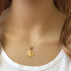 14K Solid Gold Virgin Mary Mother of Jesus Pendant Dainty Necklace -Minimalist