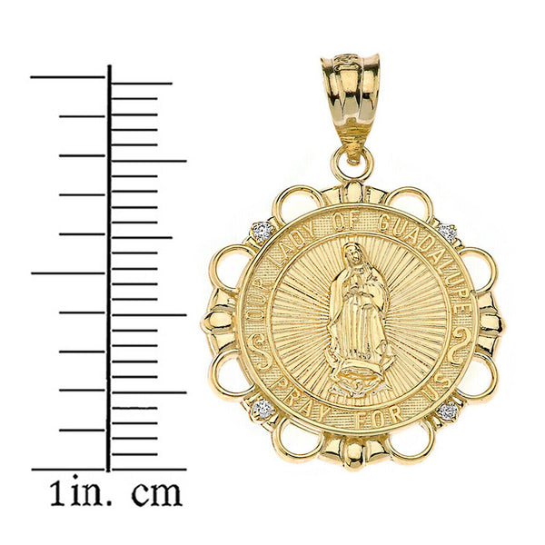 14k Solid Gold Diamond Our Lady of Guadalupe Pray For Us Pendant Necklace