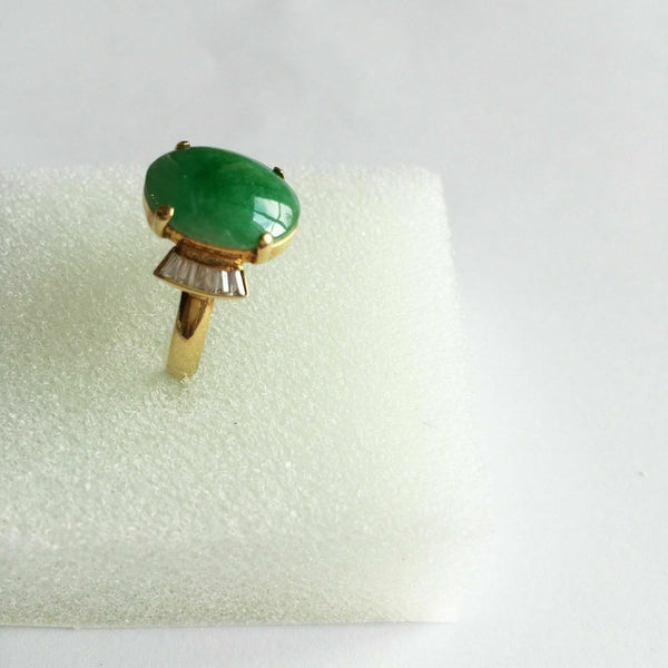 14K Solid Yellow Gold Oval Green Jade CZ Ring Size 6.25