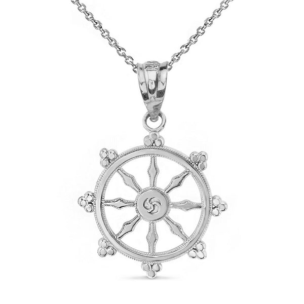925 Sterling Silver Buddhism Dharmachakra Dharma Wheel Pendant Necklace