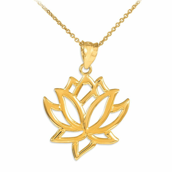 14k Solid Yellow Gold Lotus Flower Buddhism Fortune Purify Pendant Necklace