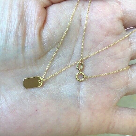 14K Solid Gold Mini Dog Tag Dainty Necklace - Minimalist Yellow 16"-18" Adjust