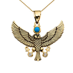 Solid 10k Gold Diamond Falcon of Tutankhamun with Ankh Cross Pendant Necklace