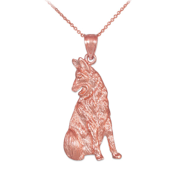10K Solid Gold German Shepherd Dog Pendant Necklace Yellow, Rose, White