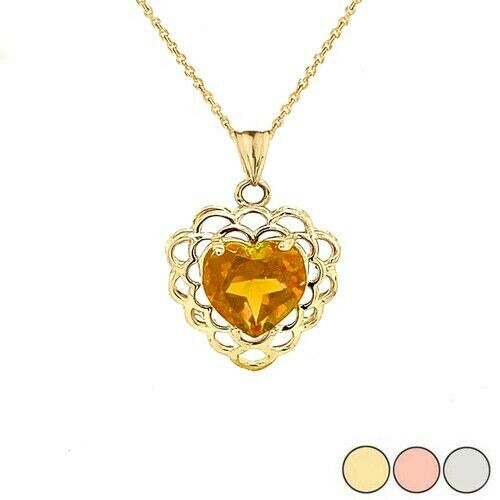 10k 14k Solid Gold Citrine Filigree Heart November Birthstone Pendant Necklace