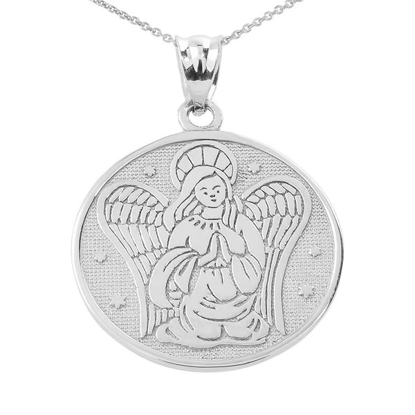 10k Solid Two Sided White Gold Guardian Angel Charm Pendant Necklace