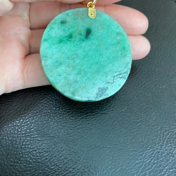 14K Solid Real Gold Carved Jade Plain Green Round Pendant Large