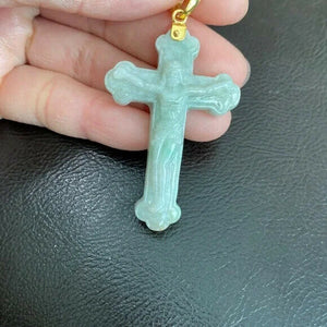 14k Solid Real Yellow Gold Jesus Crucifix Carved Jade A Cross Religious Pendant