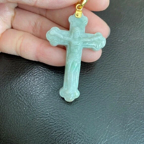 14k Solid Real Yellow Gold Jesus Crucifix Carved Jade A Cross Religious Pendant