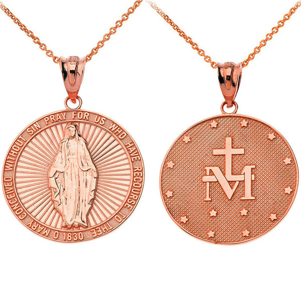 14K Solid Gold Our Lady of Graces Miraculous Medal Pendant Necklace