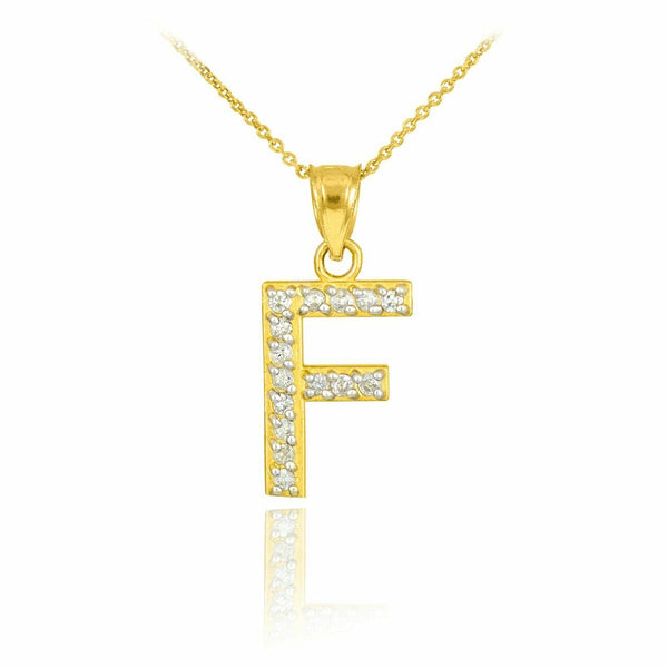 14k Solid Yellow Gold Diamonds Monogram Initial Letter F Pendant Necklace