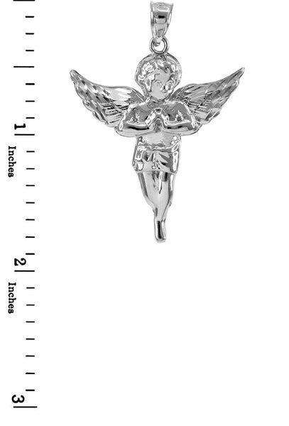 14K Solid White Gold Diamond Cut Angel Pendant Size Small, Medium, Large