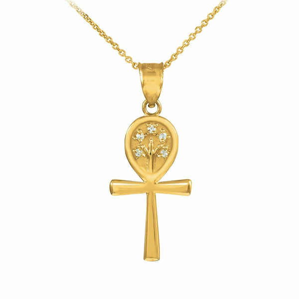 14K Solid Yellow Gold Ankh Cross CZ Tree of Life Pendant Necklace