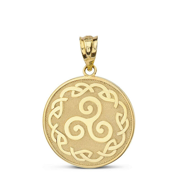 10k Solid Yellow Gold Triskele Triple Spiral Celtic Disc Pendant Necklace