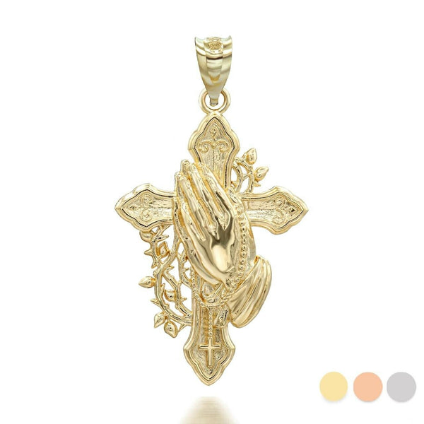 10K Solid Gold Cross with Praying Hands Pendant Necklace - Yellow, Rose, White