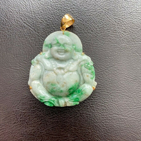 14K Solid Gold Laughing Male Buddha Buddist Genuine Carving Jade Large Pendant