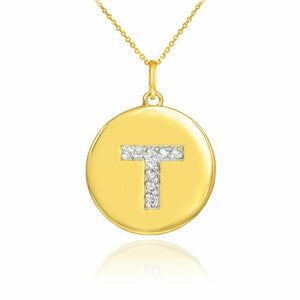 Solid 10k Yellow Gold Letter "T" Initial Diamond Disc Charm Pendant Necklace