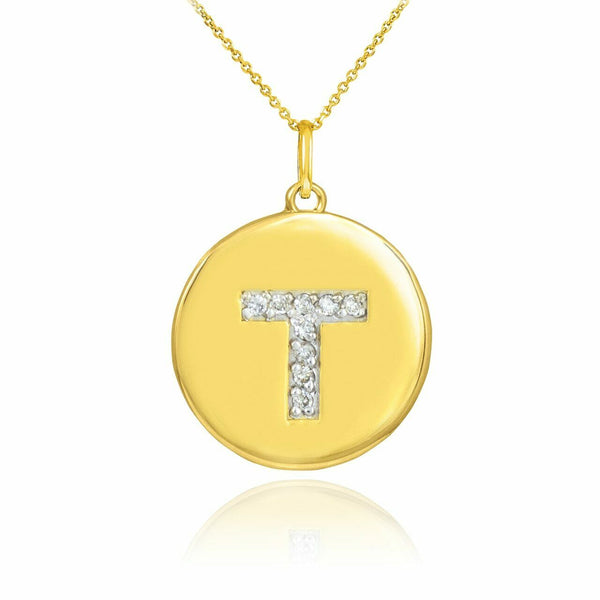 Solid 10k Yellow Gold Letter "T" Initial Diamond Disc Charm Pendant Necklace