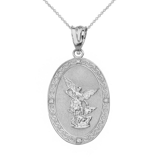 Sterling Silver Archangel Michael Oval Medallion CZ Prayer L Pendant Necklace