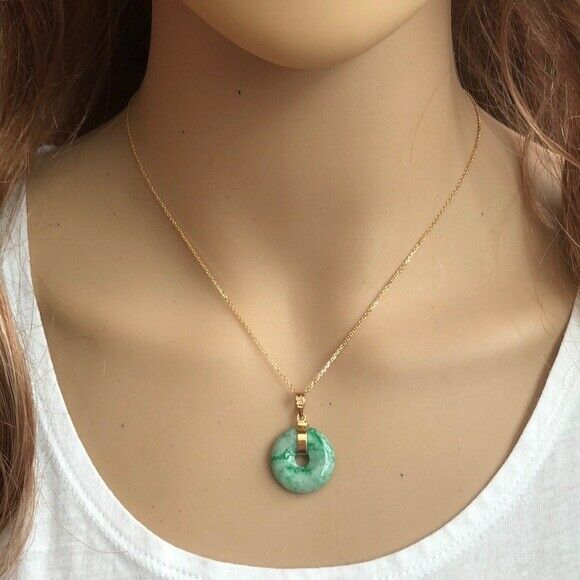 14K Solid Gold Donut Round Natural Jade Pendant /Charm Dainty Adjust Necklace