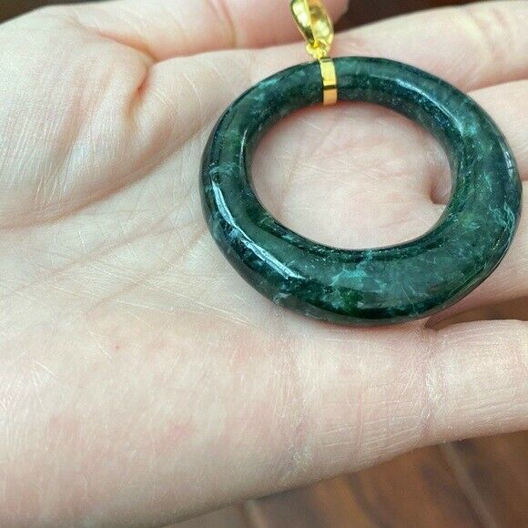 14K Solid Gold Green Large Round Natural Jade Pendant Necklace