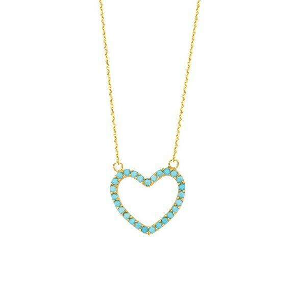 14K Solid Yellow Gold Open Heart Nano Turquoise Adjustable Necklace 16"-18"