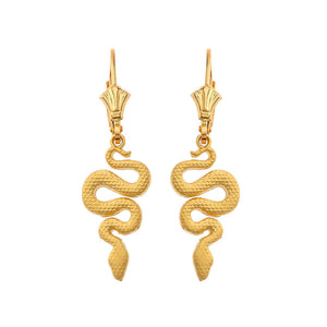 14k Yellow Gold Textured Snake-Serpent Leverback Earrings