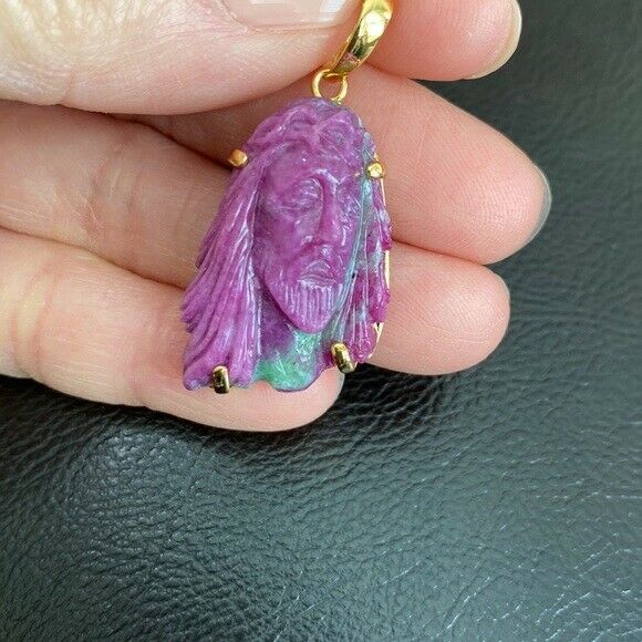 14K Real Solid Gold Natural Ruby Carved Jesus Christ Head Pendant Charm