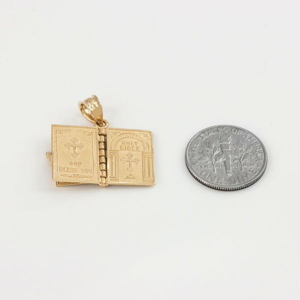 14k Solid Yellow Gold Holy Bible Book with "Our Father Prayer" Pendant Necklace