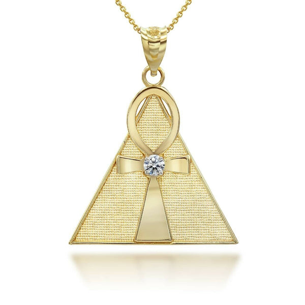 14K Solid Gold Egyptian Ankh Cross On A Pyramid Pendant Necklace