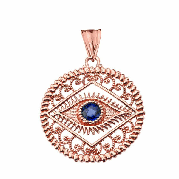 14k Solid Rose Gold Round Filigree Evil Eye Pendant Necklace