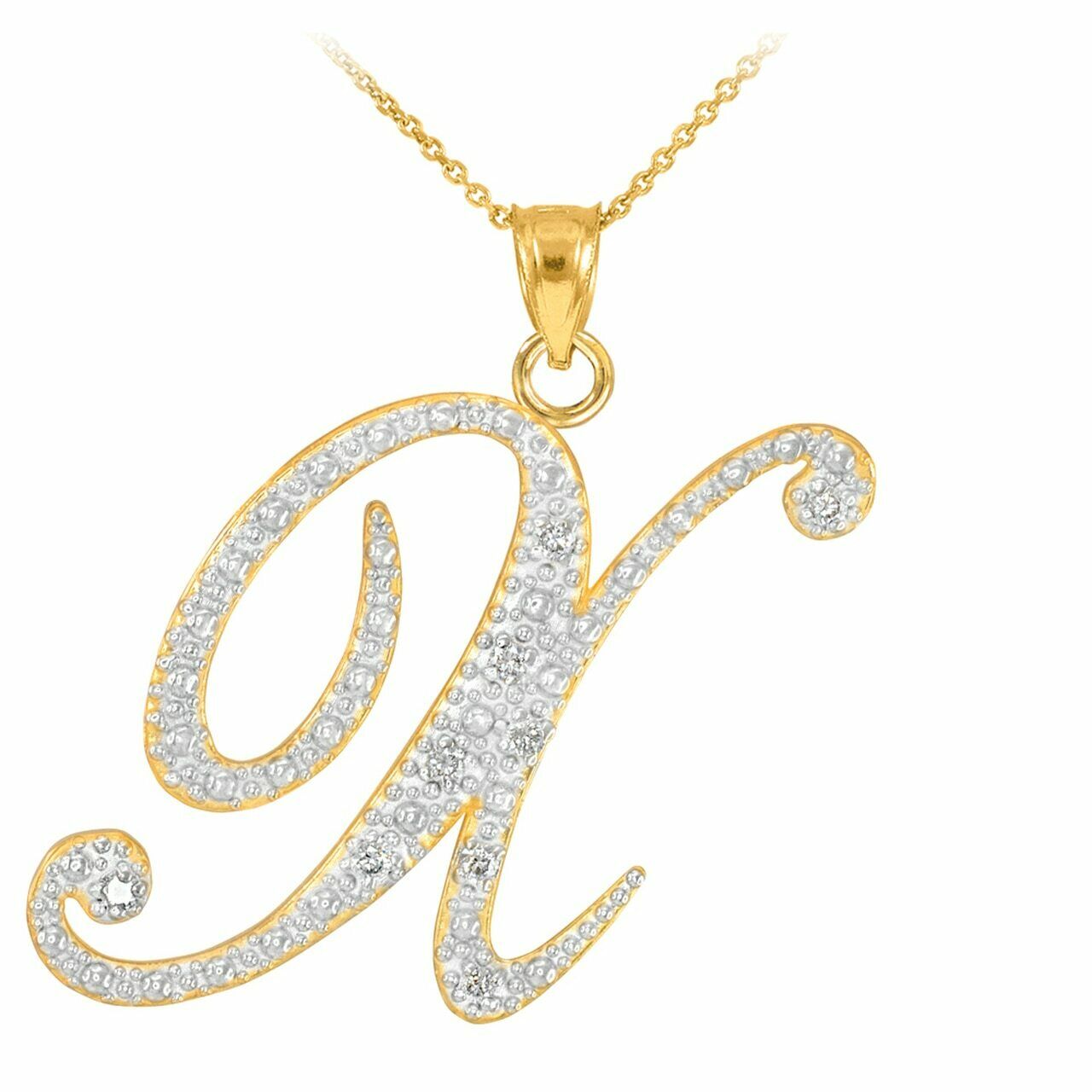 14k Solid Yellow Gold Diamonds Initial Script Letter X Pendant Necklace