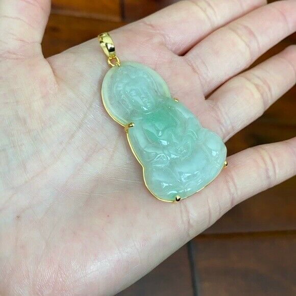 14K Solid Gold Natural Jadeite Jade Kwan Yin Lady Buddha Pendant Transparent