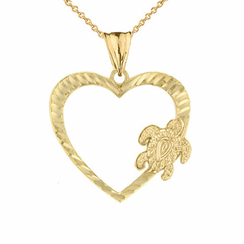 14k Solid Yellow Gold Honu Hawaiian Turtle Heart Pendant Necklace